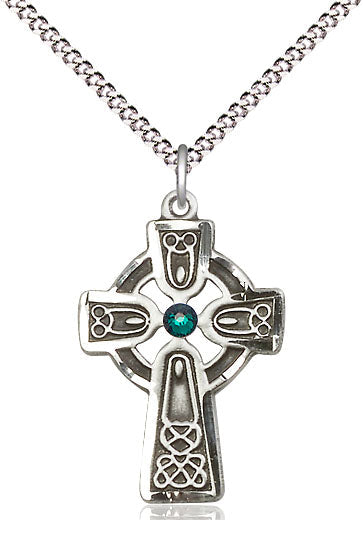 Sterling Silver Celtic Cross w/ Emerald Stone Pendant